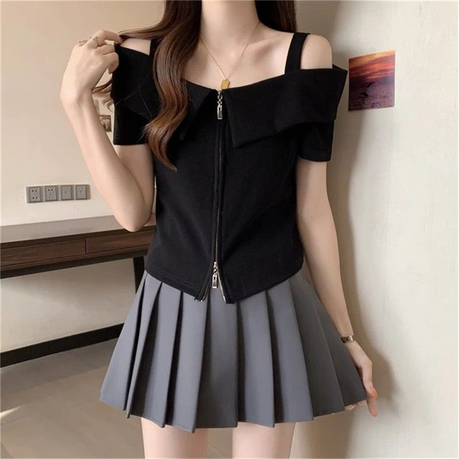 Vezri 여성용 봄 여름 빅사이즈 오프숄더 더블 집업 반팔 상의