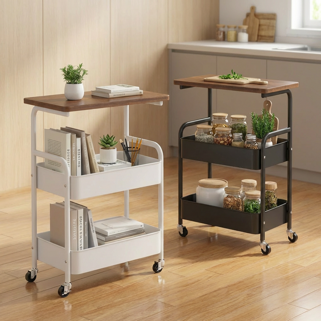 라이위안 나무 테이블탑이 있는 이동식 수납 카트 3단, 화이트