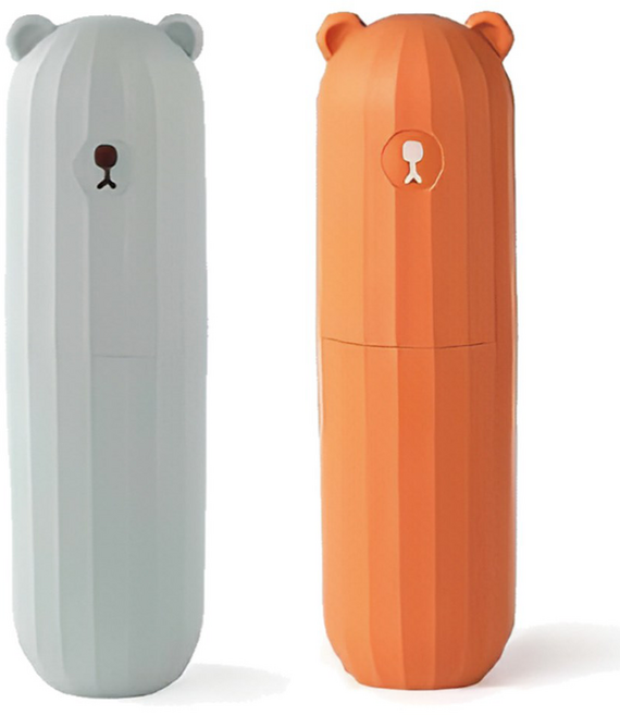 로앤제이 휴대용 여행용 곰돌이 칫솔통 양치컵 칫솔 치약 케이스 1+1, 1개, 실버+오렌지