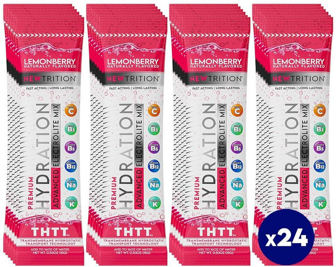 NewTrition 하이드레이션 파우더 전해질 파우더 패킷 천연 맛의 수분 공급 패킷 비타민 B&C가 함유된 빠른 수분 공급 전해질 에너지 및 회복 레몬베리 24개, NewTrition 하이드레이션 파우더, 전해질 파우더, 1개