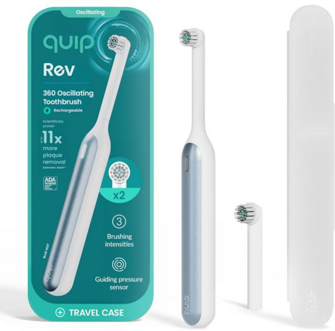 추가 브러시 헤드가 있는 Quip Rev 진동 충전식 전동 칫솔 부드러운 압력 센서 3가지 강도 30일 배터리 수명 2분 타이머 여행 케이스 미러 마운트 블루 미스트, Blue Mist