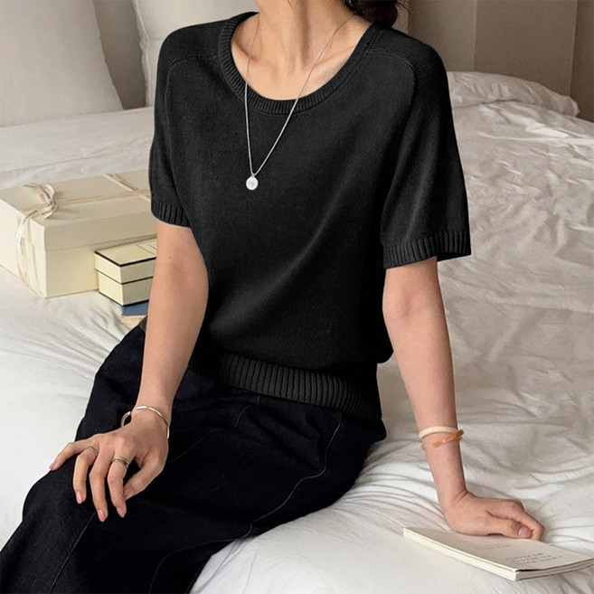 데일리앤 퀸즈 자체제작 여자 반팔 무지 시스루 얇은 레이어드 봄 여름 니트 티