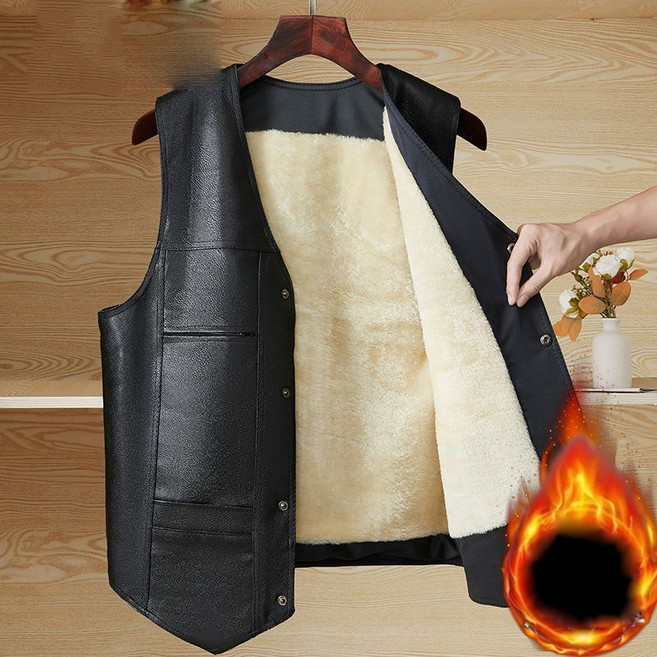 남성용 베이직 가죽 베스트 기모 도톰 아빠룩 겨울 레이어드 레더 베스트 겨울 보온 조끼