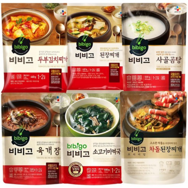 비비고 인기즉석 탕찌개 6종(두부김치+된장찌개+사골곰탕+육개장+미역국+차돌된장찌개), 4세트, 500g