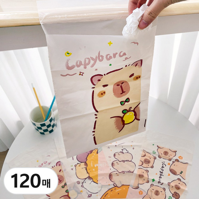 카피바라 차량용 쓰레기 봉투 접착식 일회용 착 붙이는 자동차 주방 씽크대 쓰레기통 비닐 휴지통, 120p, 소형4종세트