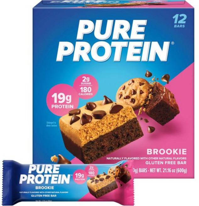 Pure Protein 초콜릿 쿠키 퓨어 프로틴 바 고단백 영양 간식으로 에너지 지원 저당 글루텐 프리 민트 1.76온스 12개입 포장 형태는 다를 수 있음, Brookie, 12 Count