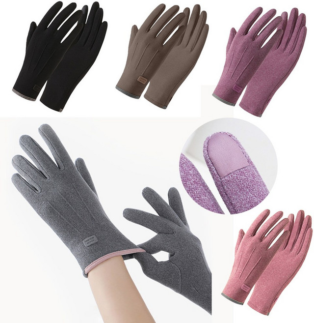 여성 슬림 기모장갑 스판 터치 장갑 스포츠 등산 털, 브라운, 1개