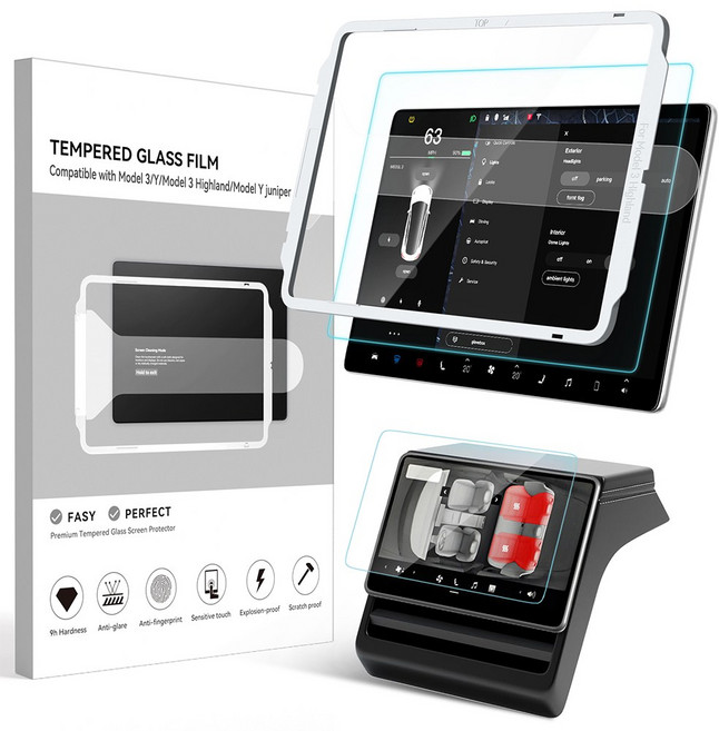 SUMK 테슬라 모델y 주니퍼/모델3 하이랜드 전용 전후석 강화유리 액정보호필름 세트 (눈부심/지문방지), 15.4인치 모델3 하이랜드/모델Y 주니퍼 2025, 1GB, 무광