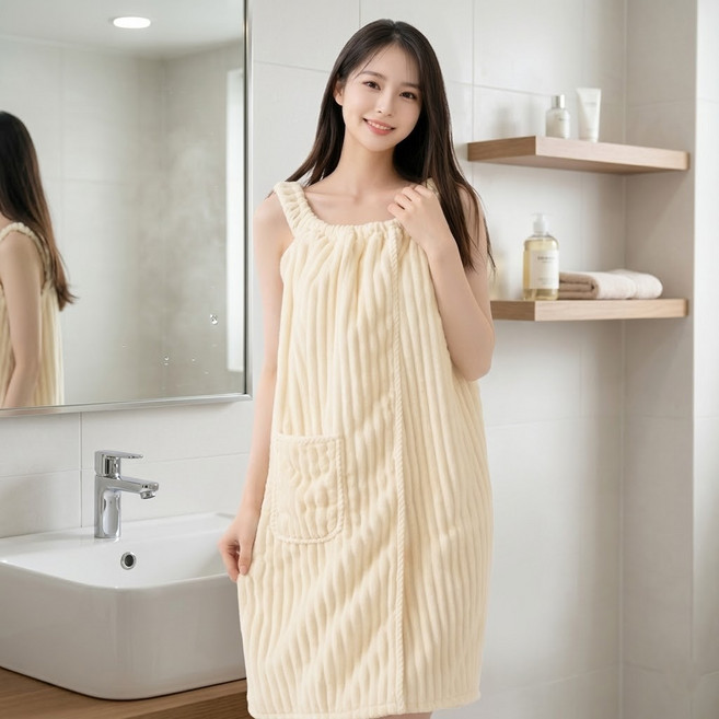 퓨어센스 여성 원피스 샤워가운 랩 목욕가운 사우나 흡수 가운, 버터크림, 1개