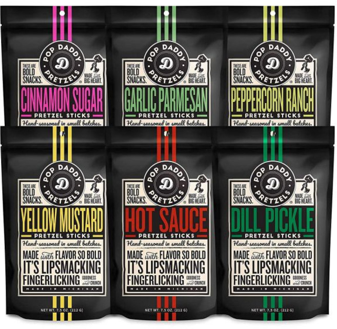 POP DADDY ·POPCORN· 디핑 소스 팝 대디 맛 프레첼 스틱 건강한 고메 7.5온스 다양팩 6개입 마늘 파마산 시나몬 슈가 페퍼콘 랜치 훈제 구다 딜 피클 노란, 마늘 파르메산 / 시나몬 / 랜치 / 핫 / 딜 / 머, 7.5 온스 (6개 묶음)