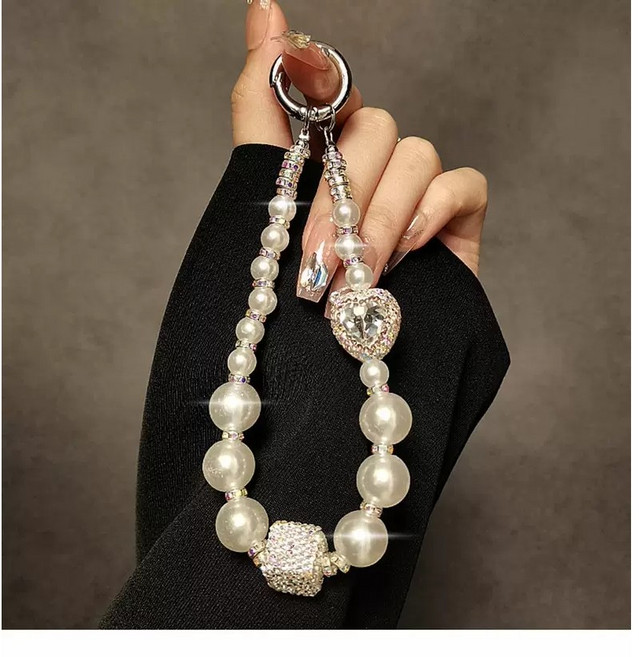 [캬오유] 진주 핸드폰 체인 모든 스마트폰 접합 반짝이는 악세사리 디자인 휴대폰 케이스 슈트랩, 1개, 하트 멀티컬러