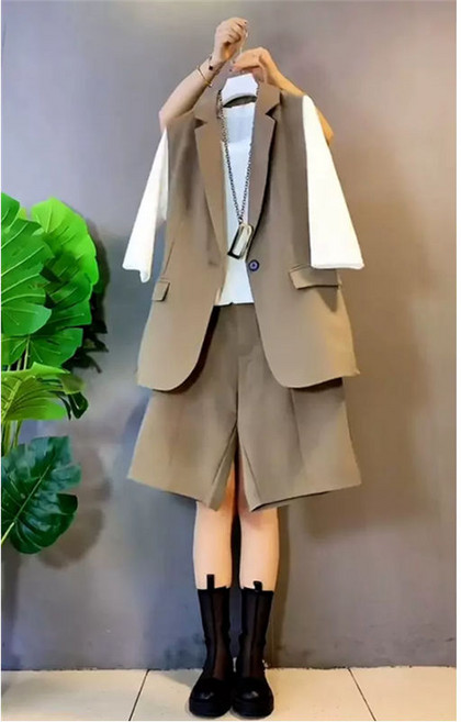 녕동 여성 캐주얼 조끼 세트 루즈핏 정장 베스트 와이드 반바지 투피스 오피스룩 데일리룩