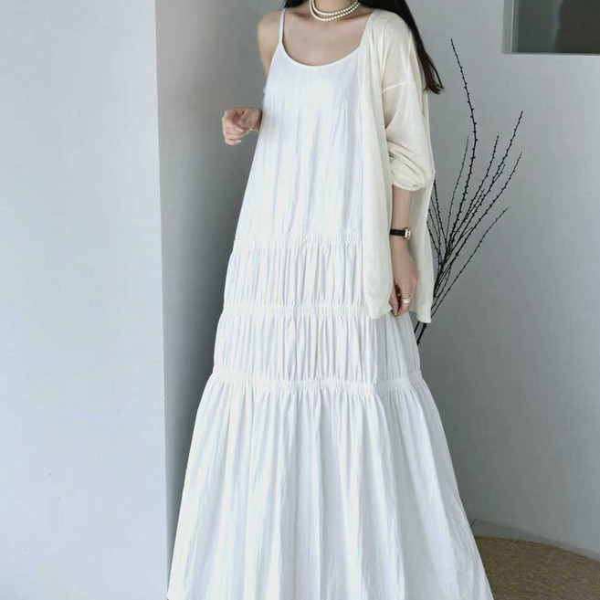 더한땀 파스텔 끈나시 셔링 롱 원피스 빅사이즈 휴양지 바캉스룩