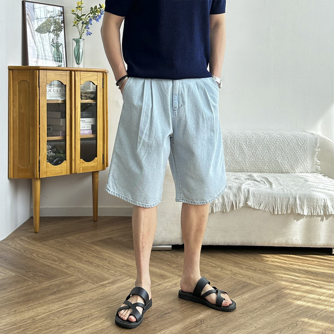 남자 버뮤다팬츠 여름 투턱 청 와이드 데님 반바지 3color