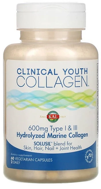 Kal 클리니컬 유스 콜라겐 타입 I & III 600mg 베지테리안 캡슐, 60정, 1개 - 쿠팡