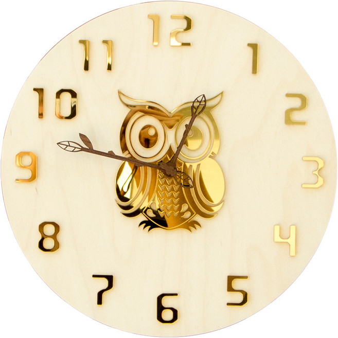 퓨어버치 블링아울렛 벽시계 무소음 인테리어 귀여운 부엉이 디자인 벽걸이시계 지름 30cm 무게 300g 자작나무, 골드 톤