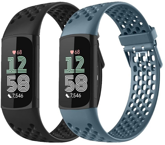 [Asvufeyy] 밴드【2장들이】 for Fitbit Charge 6 / 5 대응 실리콘 스트랩 루프 스포츠 밴드 시계 벨트 교체 밴드 방수성 경량 - 블랙+블루, 상세페이지 참조, 상세페이지 참조