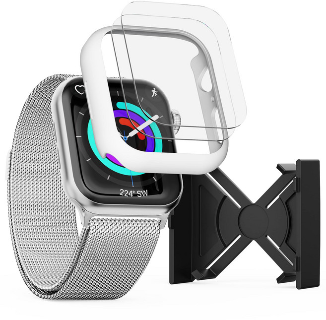 가꼬싶다 애플워치 실패없는 자가복원 액정보호필름 2P + 변색없는 하드커버 케이스, 화이트