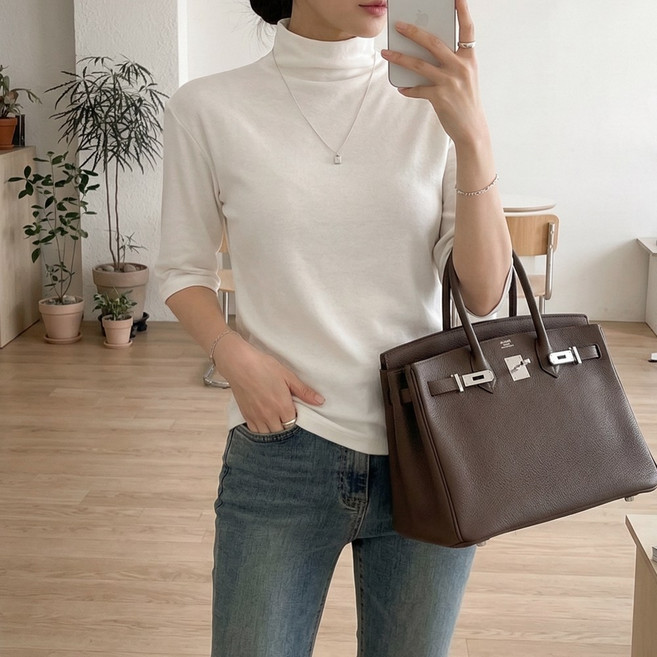 데일리앤 헤이트 여성 반목 슬림핏 골지 무지 레이어드 이너 반폴라 7부 티셔츠 봄 가을