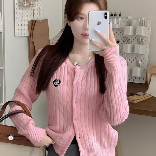 루스리더 여성 꽈배기 베이직 크루넥 니트 가디건 EW35