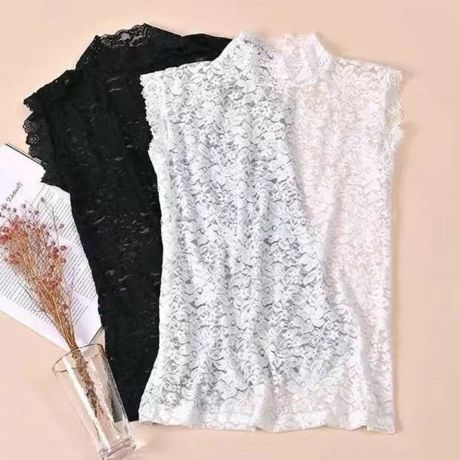 플라워 레이스 시스루 반목 민소매 블라우스