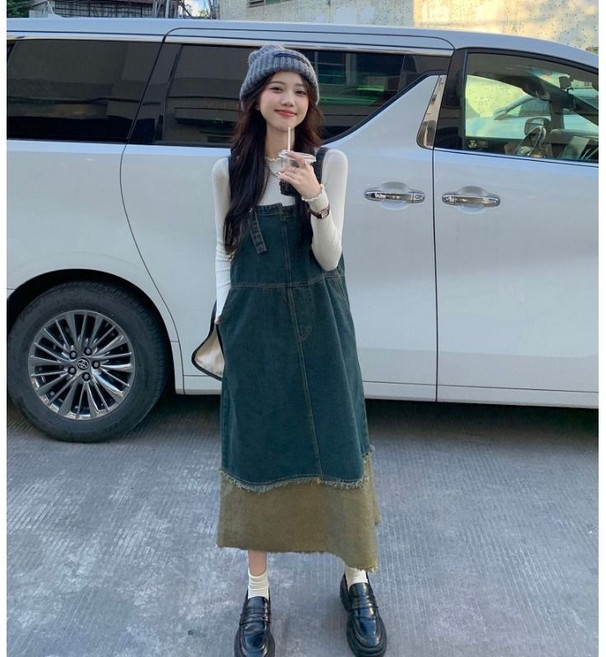 設計感撞色高級感復古法式牛仔背帶長裙 吊帶裙 秋冬連衣裙, 藍色,L