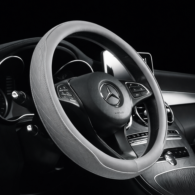 MAA 나파가죽 자동차 핸들커버 차량용 순정형 타공 스티어링휠 커버 미끄럼방지 통풍 그립감 향상 사계절용 승용차 SUV 공용 인테리어 드레스업 용품 악세사리, 그레이