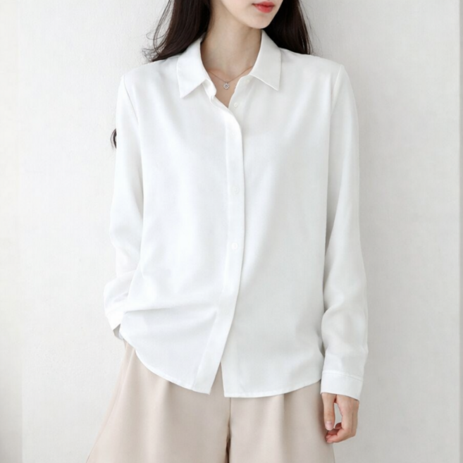 드몽 여성 링클프리 데일리 기본 긴팔 셔츠 구김없는 히든버튼 블라우스 빅사이즈 오피스룩