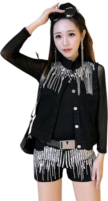 댄스복 상의 여성용 조끼 수술 스팽글 데님 조끼 뉴타임즈 O488T510
