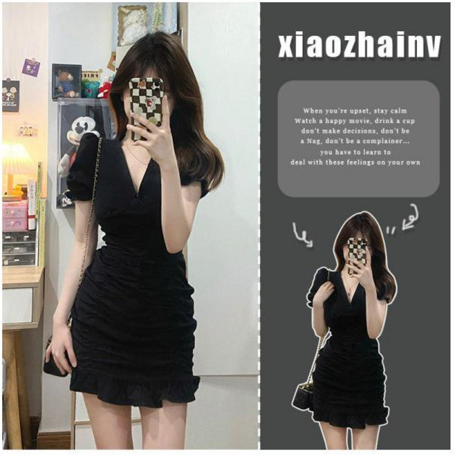 xiaozhainv 韓系泡泡袖魚尾連衣裙女, 黑色,XL
