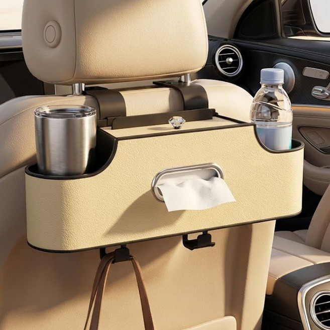 차량용 뒷좌석 멀티 수납함 컵홀더 트레이 2구 걸이형, 아이보리, 1개