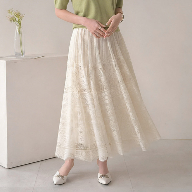 데일리앤 아우라 펀칭 그물 레이스 양면 플리츠 리버서블 밴딩 롱 플레어 스커트