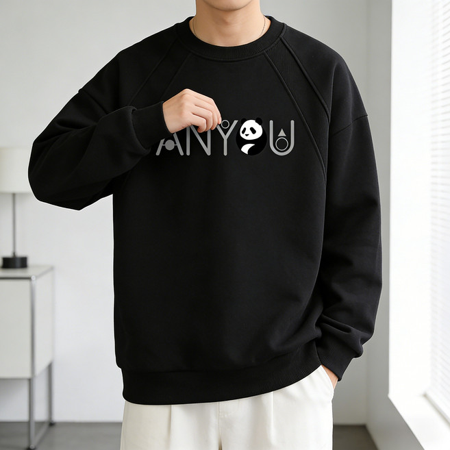 ANYOU 남성 트렌디 판다 프린트 맨투맨 넉넉핏 캐주얼 긴팔