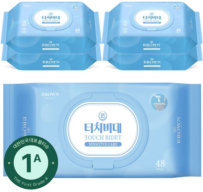 비데 임산부 비데전용 물티슈 물에 잘 녹는 화장실용 물티슈 캡형 브라운 터치비데 센시티브 케어, 146g, 48매, 5개 - 쿠팡