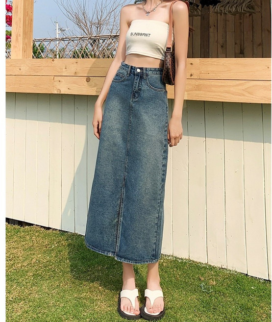 梨卡 高腰開叉牛仔長裙 韓版A字直筒裙 如圖色