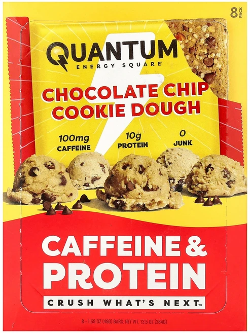 Quantum Energy Square 카페인 & 프로틴바 초콜릿 칩 쿠키 도우 바 8개 각 48g(1.69oz) Square (퀀텀 에너지 스퀘어), Quantum Energy Square 초콜릿 칩 쿠키, 50g, 1개 - 쿠팡