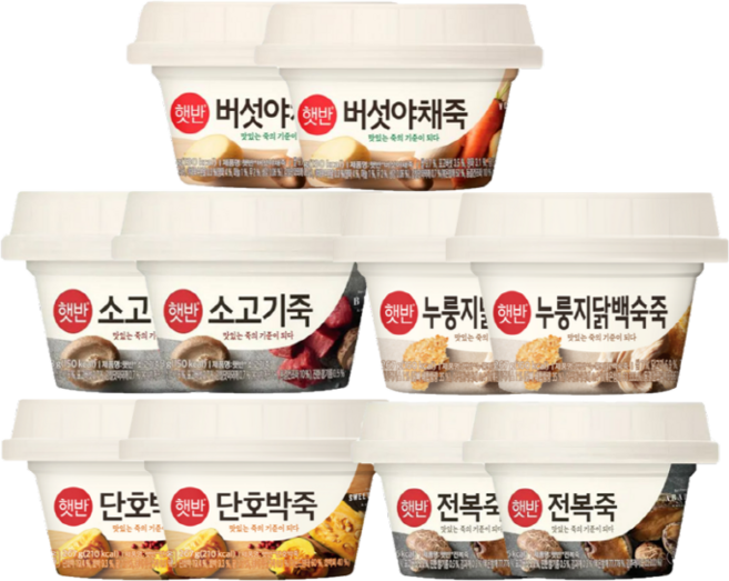 (상온)[비비고]죽267g10종세트/누룽지닭백숙2 전복2 버섯야채2 소고기2 단호박2, 1세트, 2.8kg