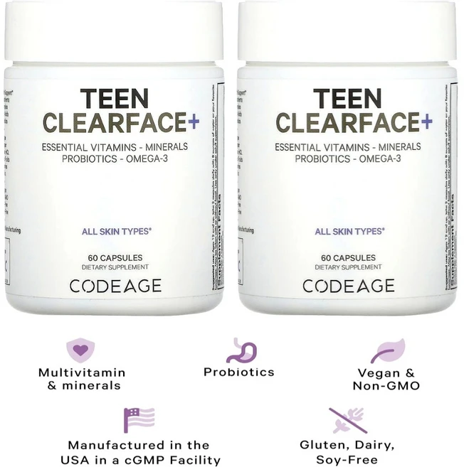 [코드에이지] 틴클리어 페이스 종합 비타민 모든 피부 타입용 캡슐 60정 X 2통, 상품 - 쿠팡