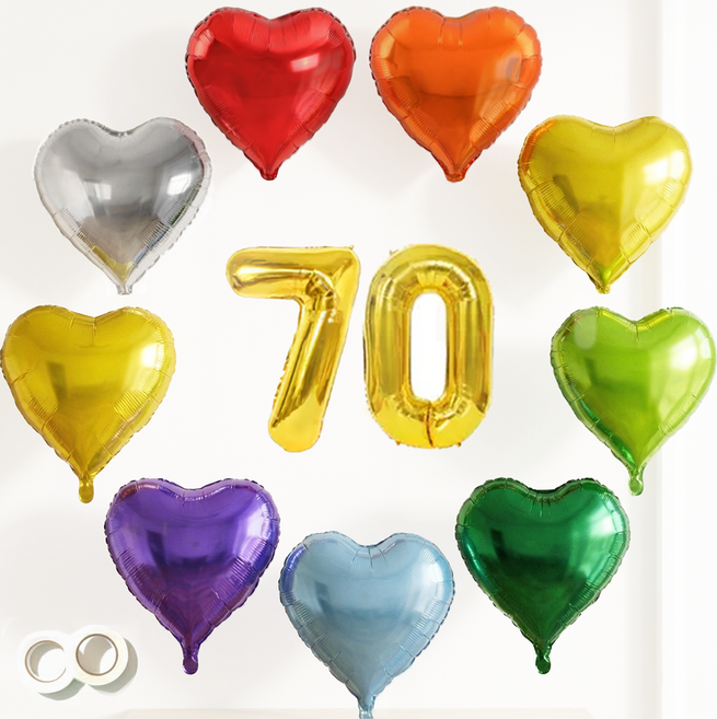 파파 파티 숫자풍선 골드 소형 숫자 풍선 하트 풍선끈 세트 포토월, 1세트, 레인보우 하트9종 +70