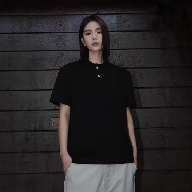 黑色亨利領正肩T恤男款夏季透氣涼感短袖POLO衫高街半袖, XXL