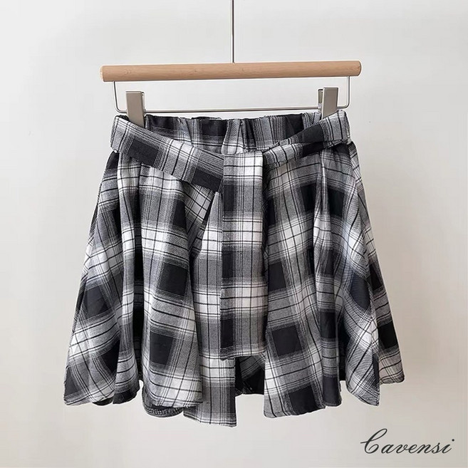 Cavensi 襯衫式綁帶 高腰復古格紋半身裙女 短裙
