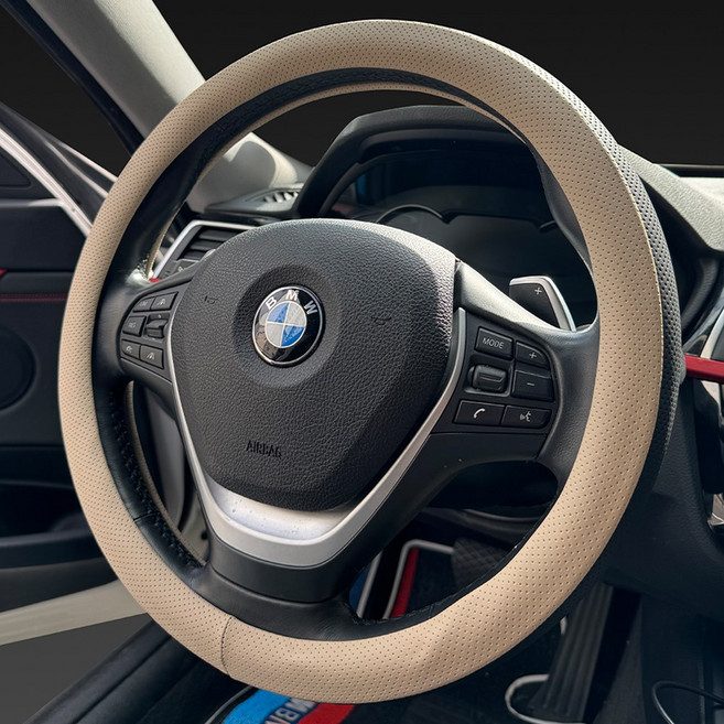 차차차 프리미엄 자동차 가죽 타공 투톤 순정형 핸들커버, 코튼베이지+블랙