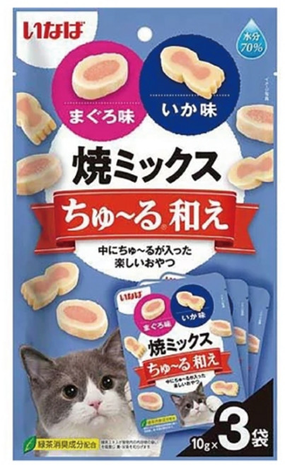 INABA CIAO 貓咪肉泥夾心燒 綜合口味 3入組, 1個, 【藍】鮪魚＋【魷魚】