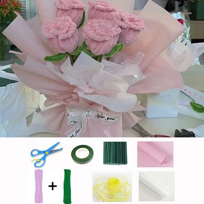 성인용 초보자 꽃다발 키트 분홍색 포장지 가위 테이프 리본 gum5317se, 1개, 벛꽃
