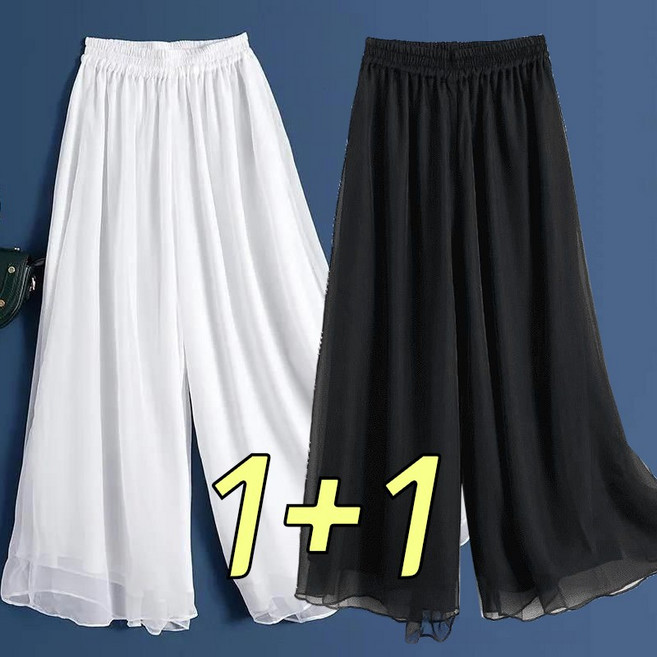 1+1 SET 중년여성 쉬폰 와이드 팬츠 밴딩 루즈핏 치마바지 빅사이즈 얇은 쿨바지