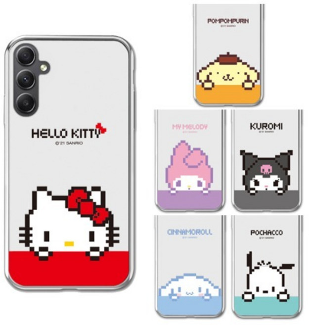 갤럭시버디4 (A166) 키즈폰 효도폰 산리오 픽셀아트 빼꿈 투명 젤리 케이스 헬로키티 쿠로미
