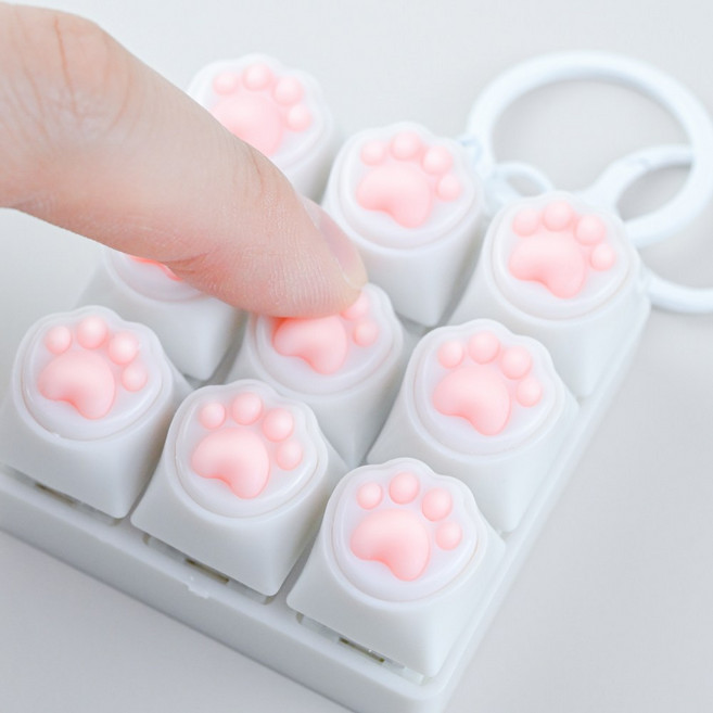 고양이 젤리 9구 키캡 딸깍이 키링 발바닥 키보드 열쇠고리 피젯토이, 화이트, 1개