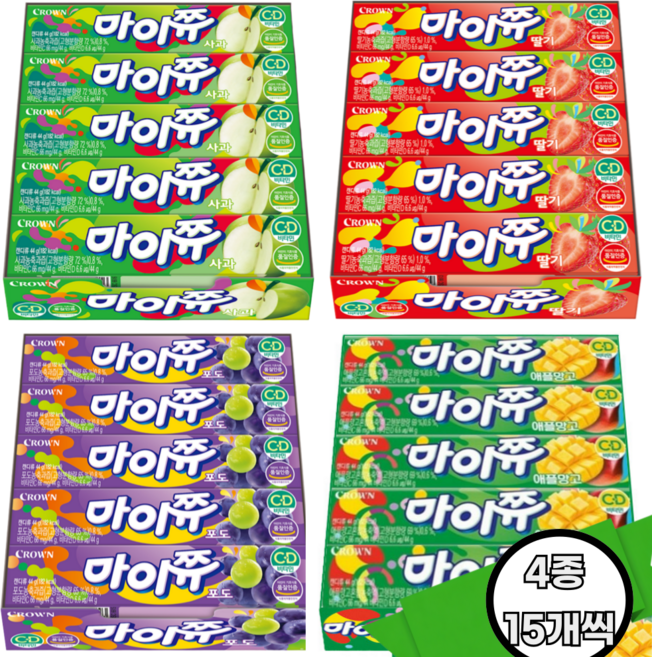 크라운 마이쮸 스틱 44g 4종 세트(포도+딸기+사과+애플망고) 각15개씩