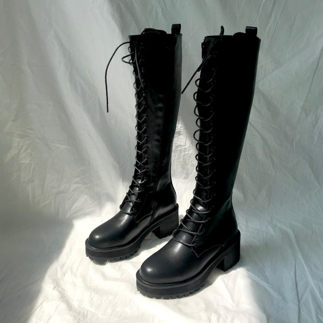 6cm 통굽 레이스업 롱부츠 키높이 워커부츠