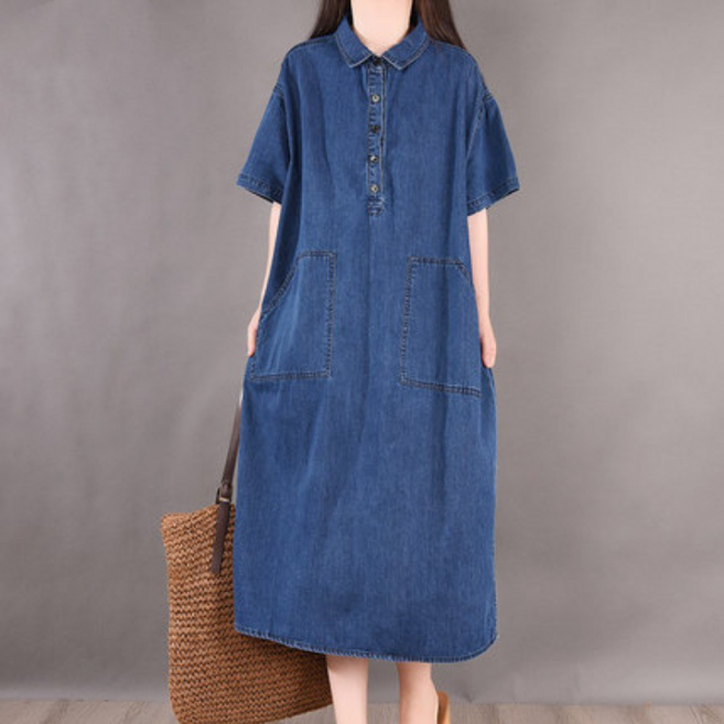 여성 캐주얼 반팔 카라 사선 포켓 빅사이즈 데님 원피스